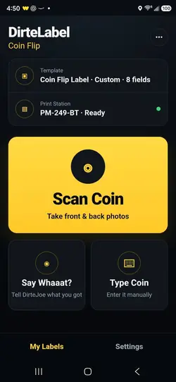 Coin Flip home screen with Scan Coin, Say Whaaat, and Type Coin